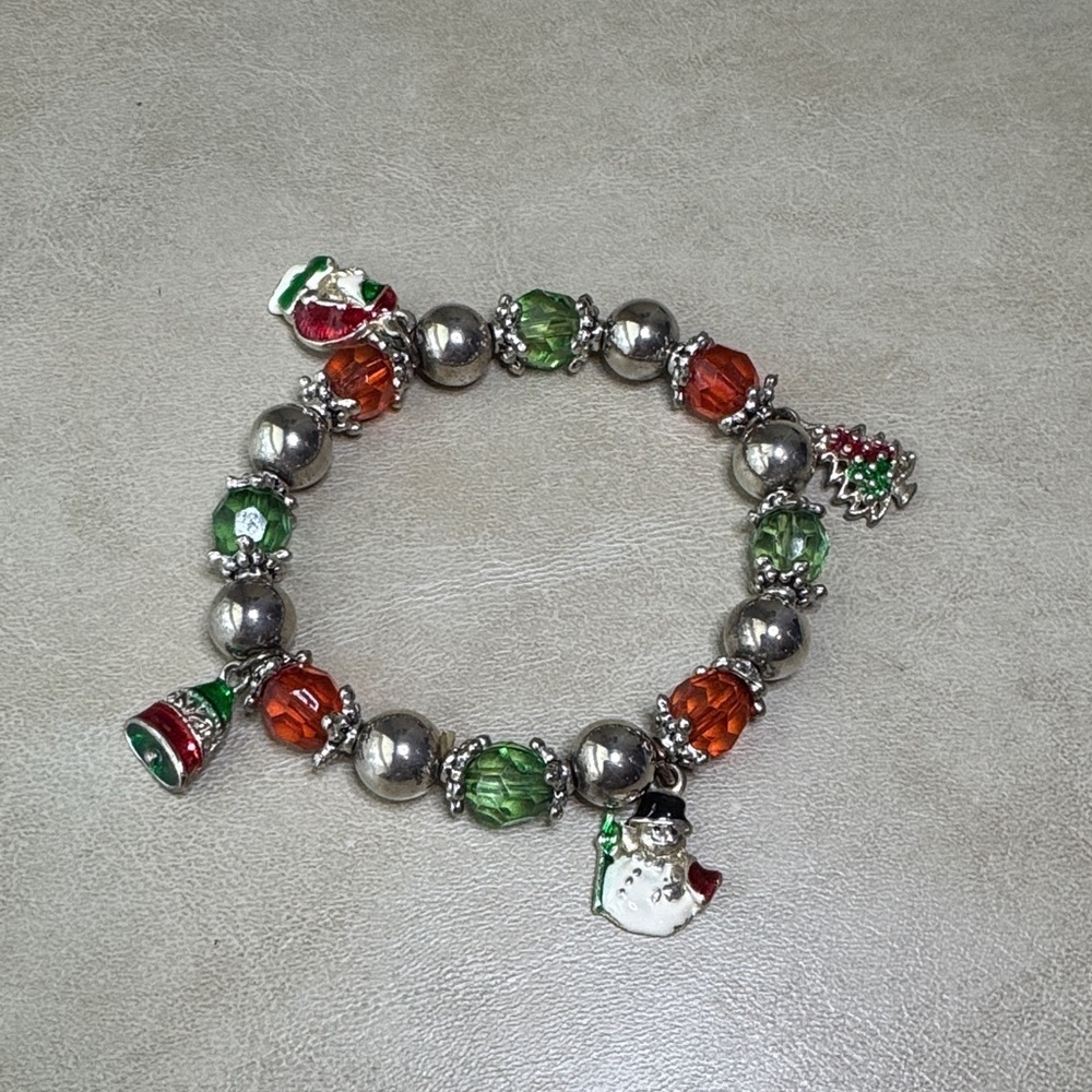 Festive Sterling Silver and Multicolor Christmas Charm Bracelet - stretchy